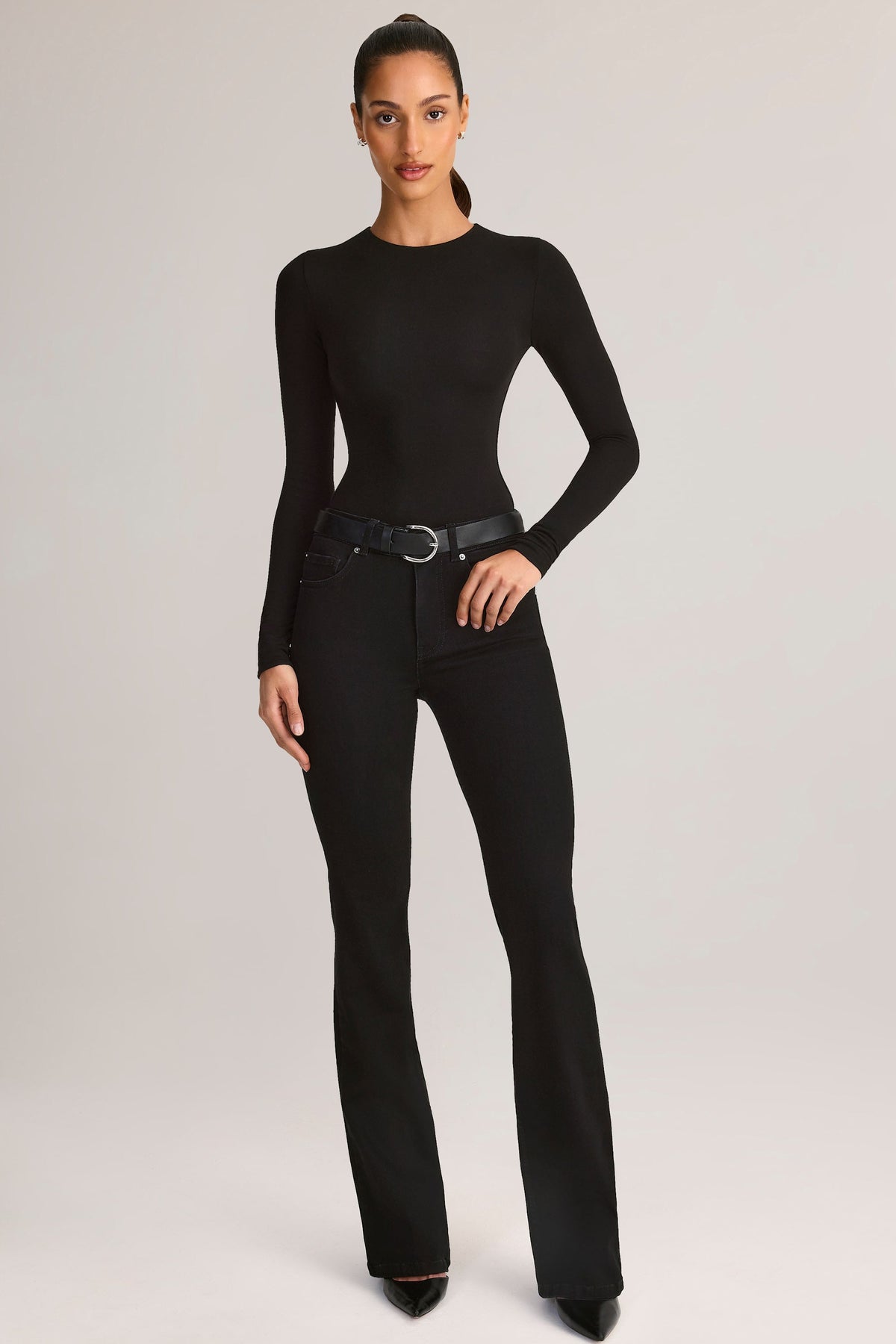 Modal Round-Neck Long-Sleeve Bodysuit in Black