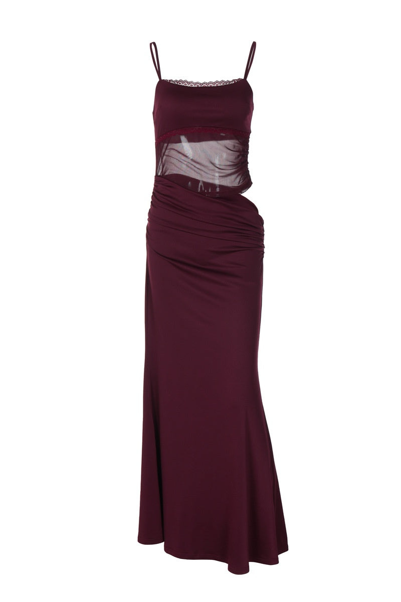 Straps Burgundy Sheer Mermaid Long Dress