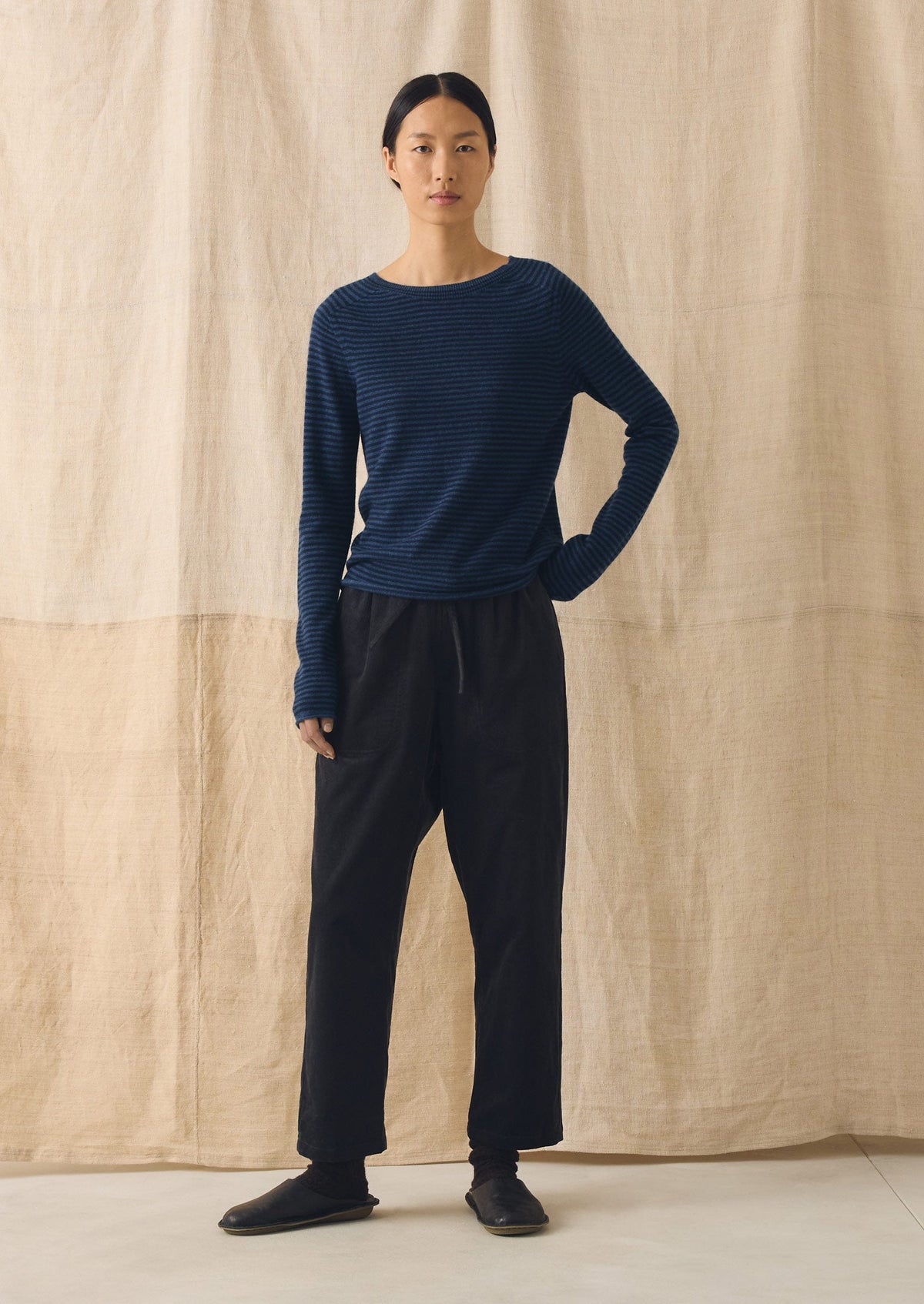 Stripe Wool Cashmere Neat Sweater | Denim Blue/Blue