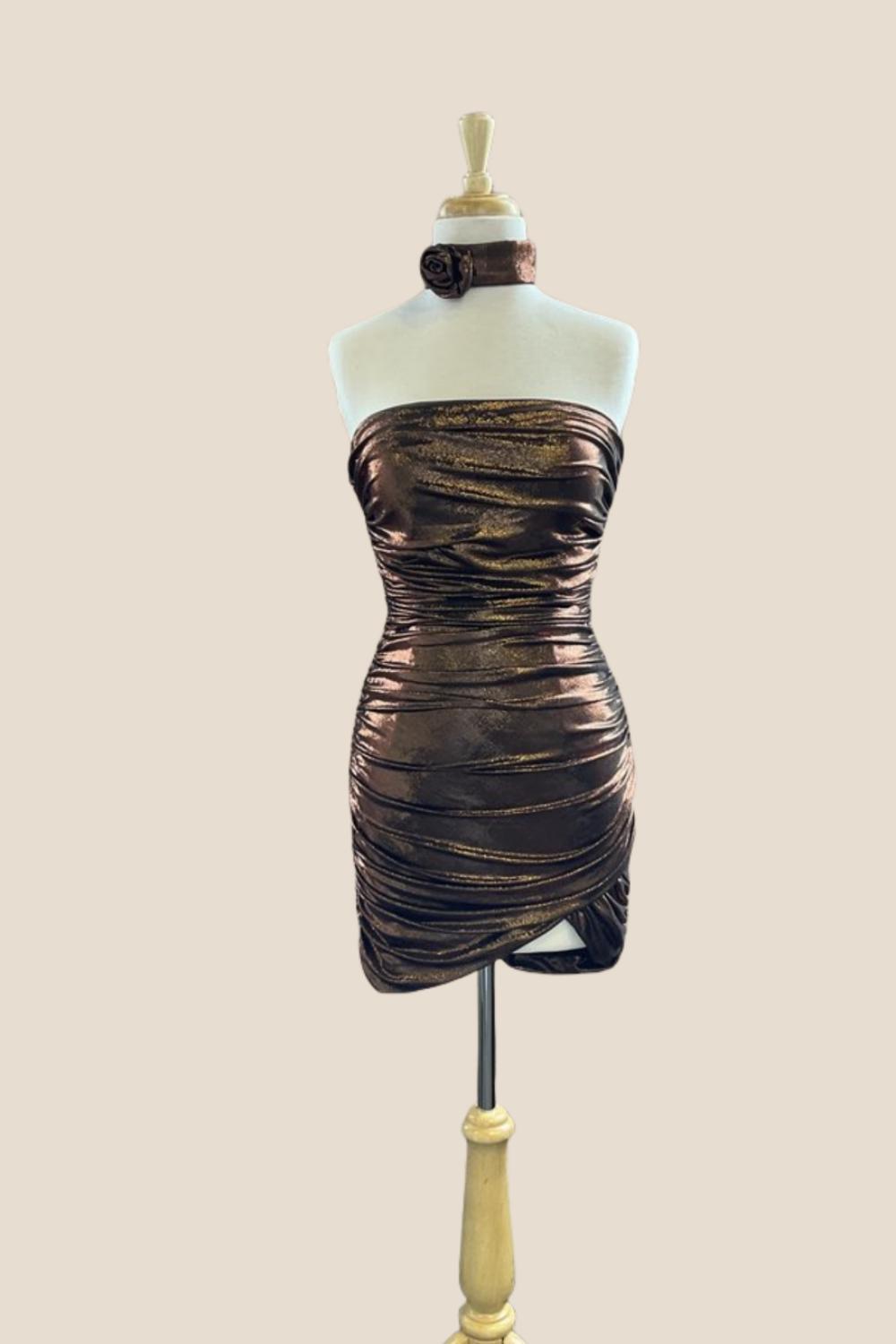 Strapless Brown Metallic Ruched Fitted Short Dress