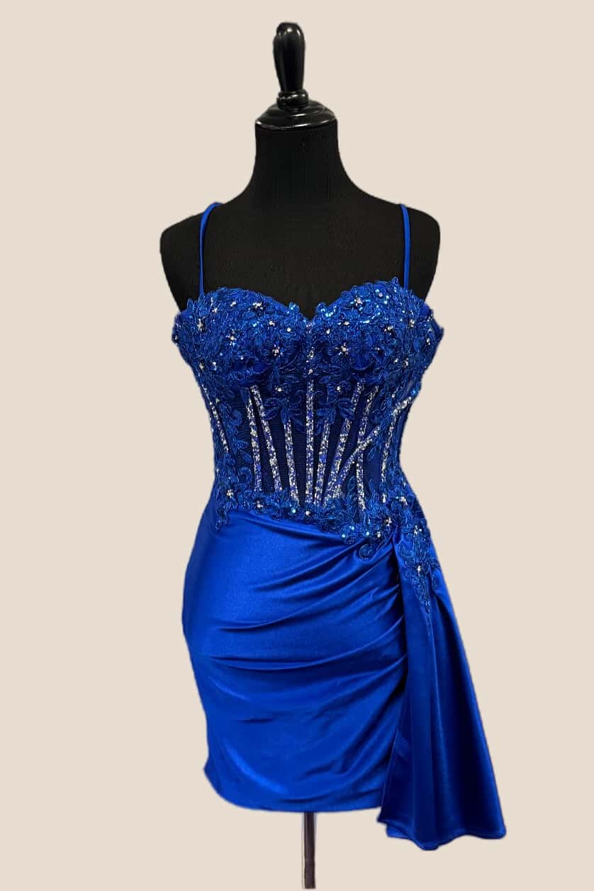 Royal Blue Straps Appliques Corset Ruched Dress
