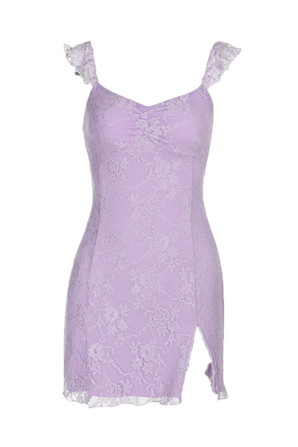 Ruffle Sleeve Purple Lace Short Dress