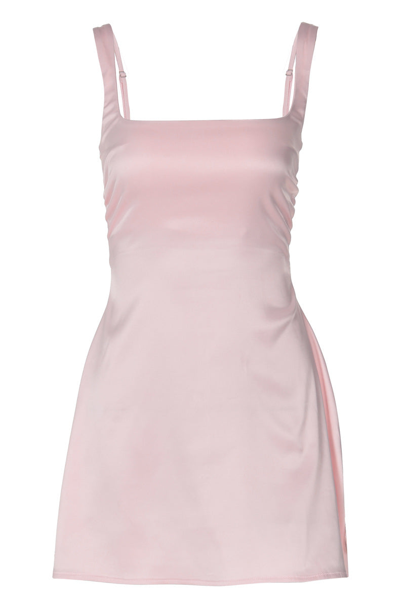 Square Neck Pink A-line Satin Short Dress
