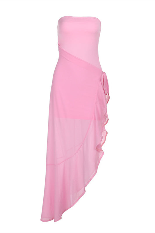 Square Neck Pink Ruffled Hem Long Dress