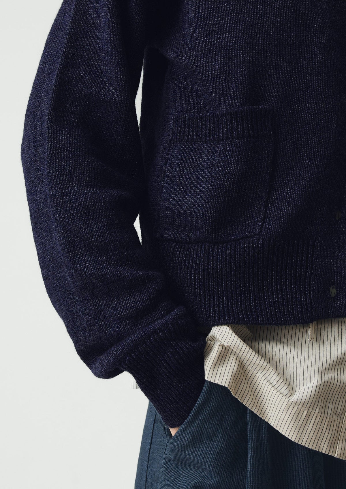 Wool Linen Patch Pocket Cardigan | Dark Navy