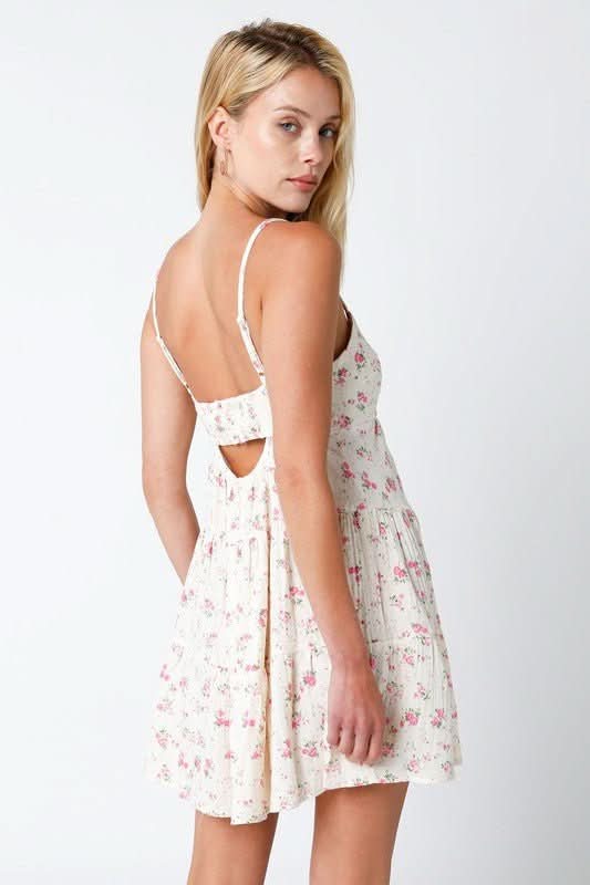 Promenade Cream and Pink Floral Tiered Mini Dress