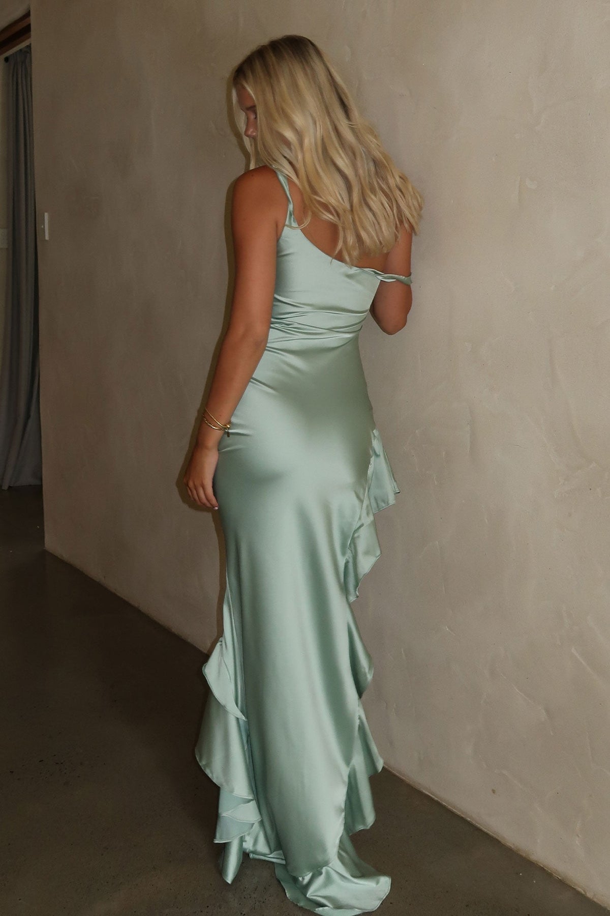 Daenerys Off Shoulder Satin Maxi Dress - Sage