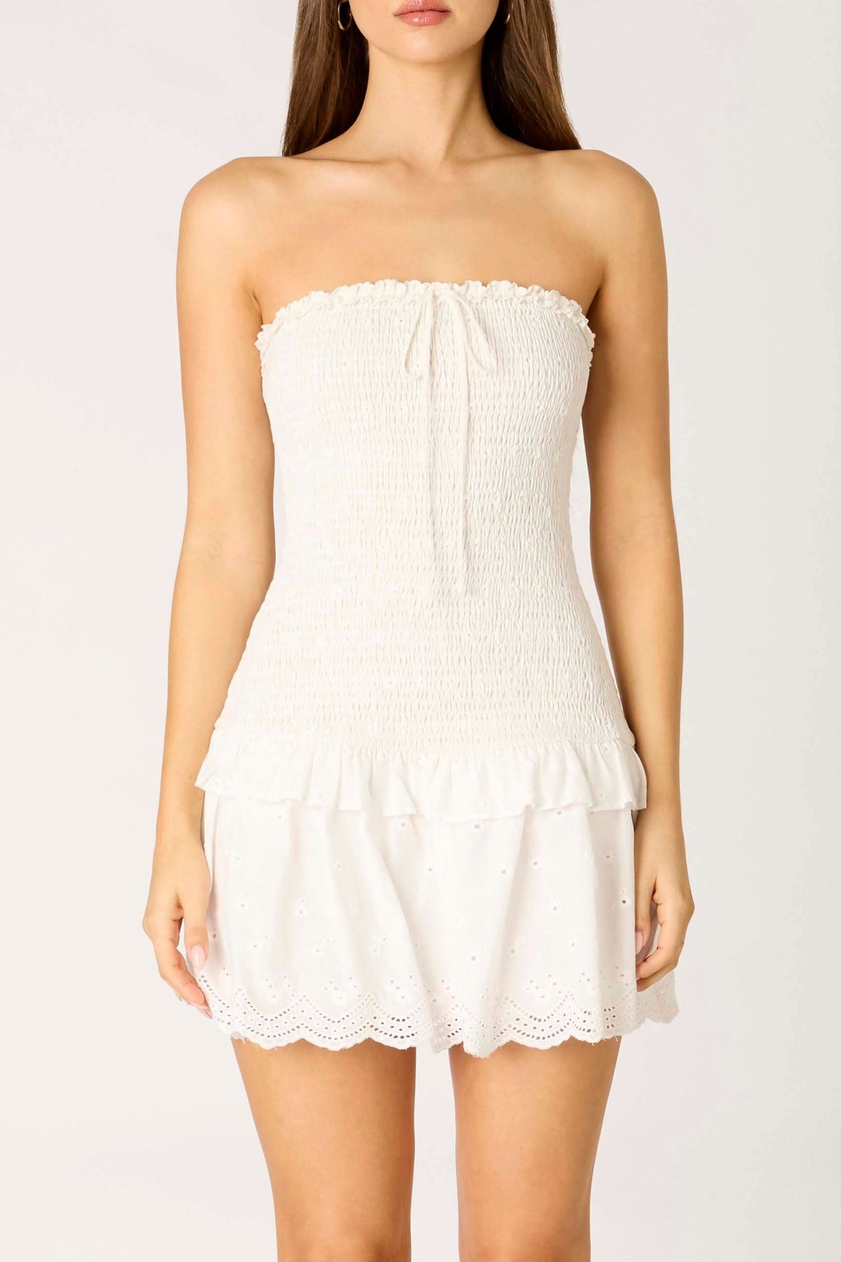 Rora White Eyelet Smocked Mini Dress