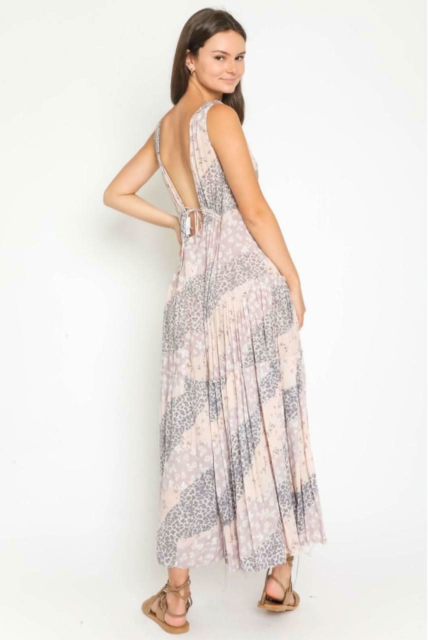 Rania Blush and Grey Print Plunge Maxi Dress
