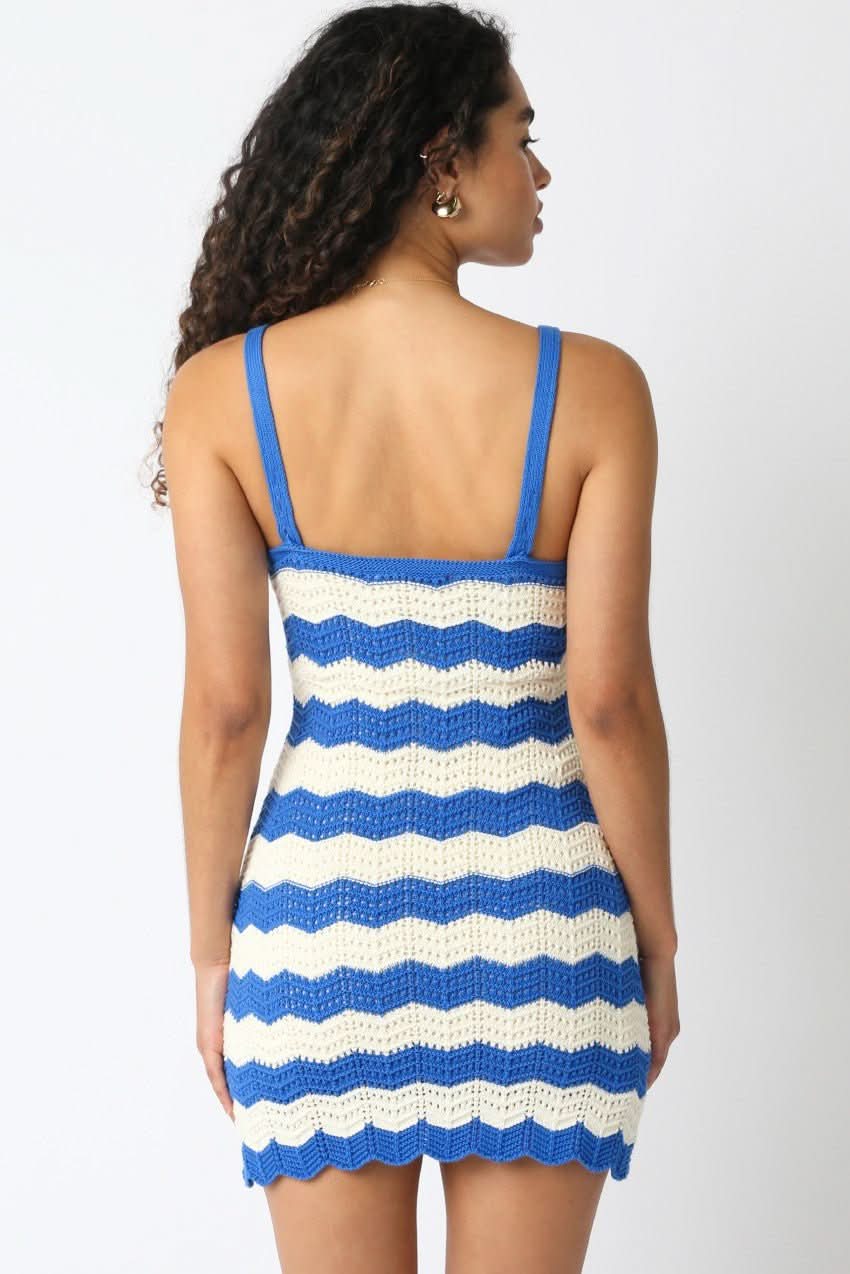 Kaya Blue and White Crochet Mini Dress
