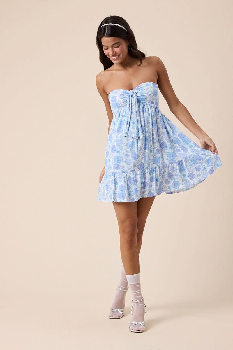 Sammie Ice Blue Floral Strapless Mini Dress