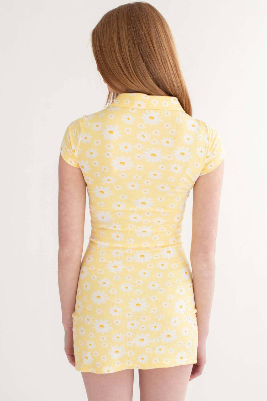 Yellow Daisy Ruched Shirt Dress