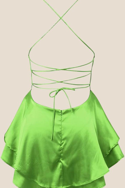 Straps Green Lace-up Back Tiered Party Dress