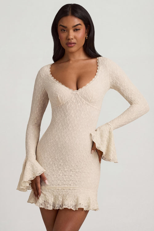 Long-Sleeve Ruffled Lace Mini Dress in Ivory