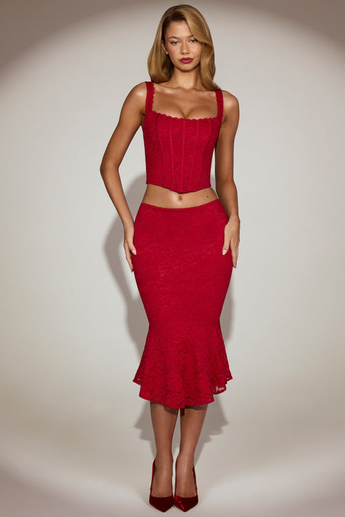 Lace Mid-Rise Fluted Midi Skirt in True Red