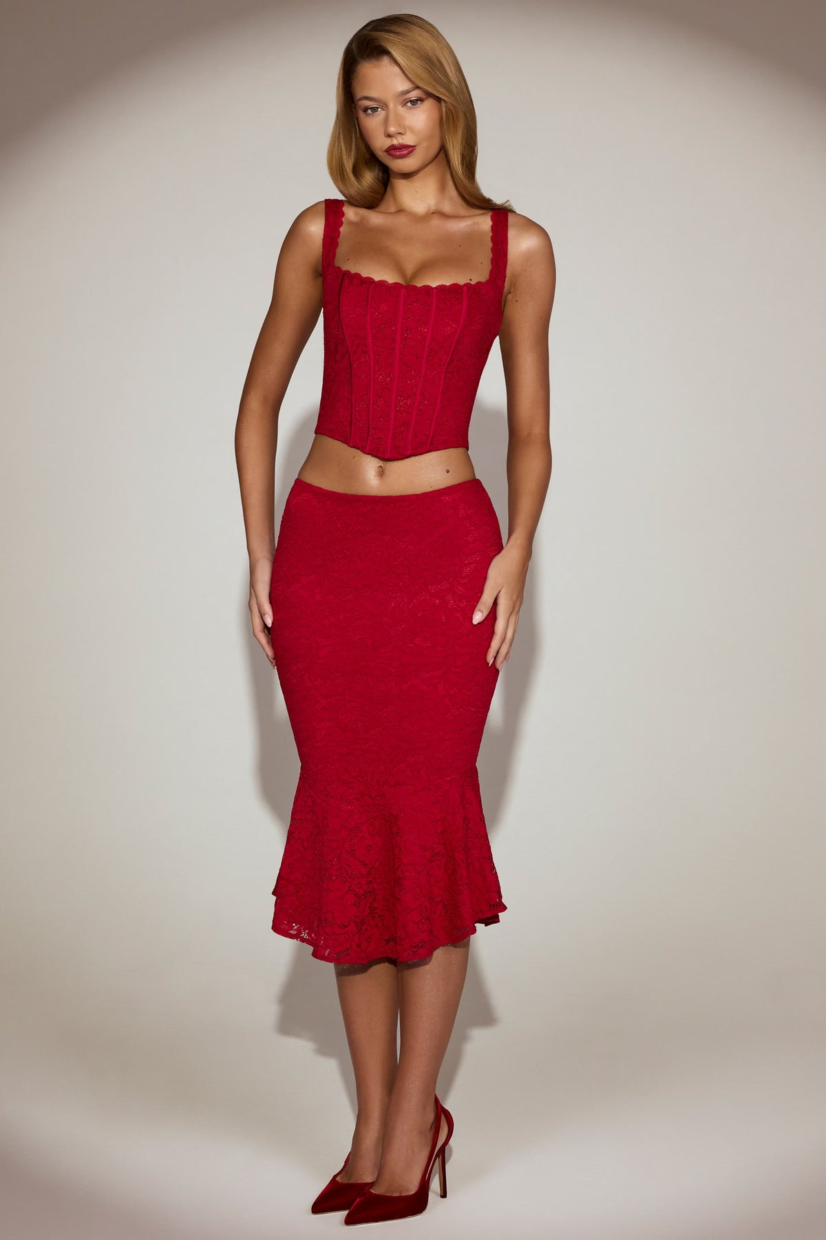 Lace Mid-Rise Fluted Midi Skirt in True Red
