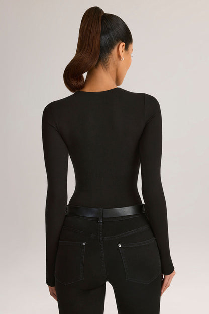 Modal Round-Neck Long-Sleeve Bodysuit in Black