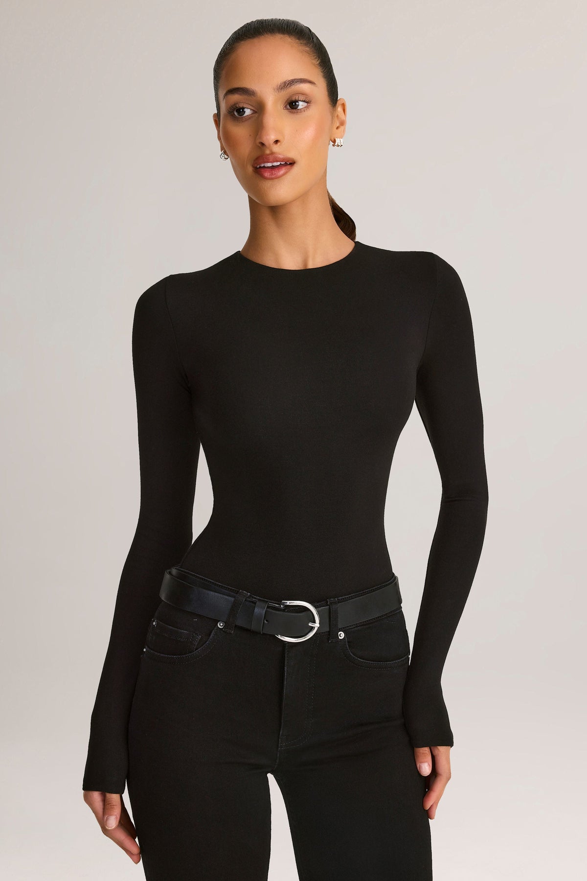 Modal Round-Neck Long-Sleeve Bodysuit in Black