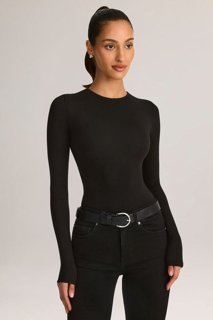 Modal Round-Neck Long-Sleeve Bodysuit in Black