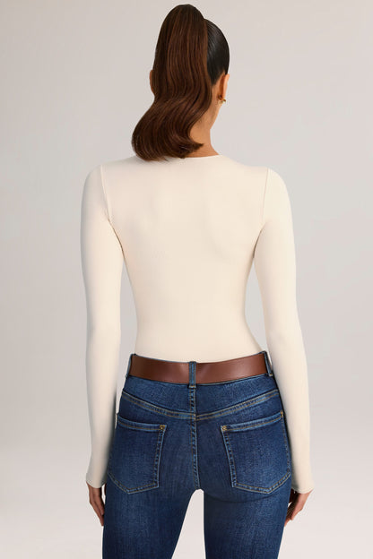 Modal Round-Neck Long-Sleeve Bodysuit in Cream