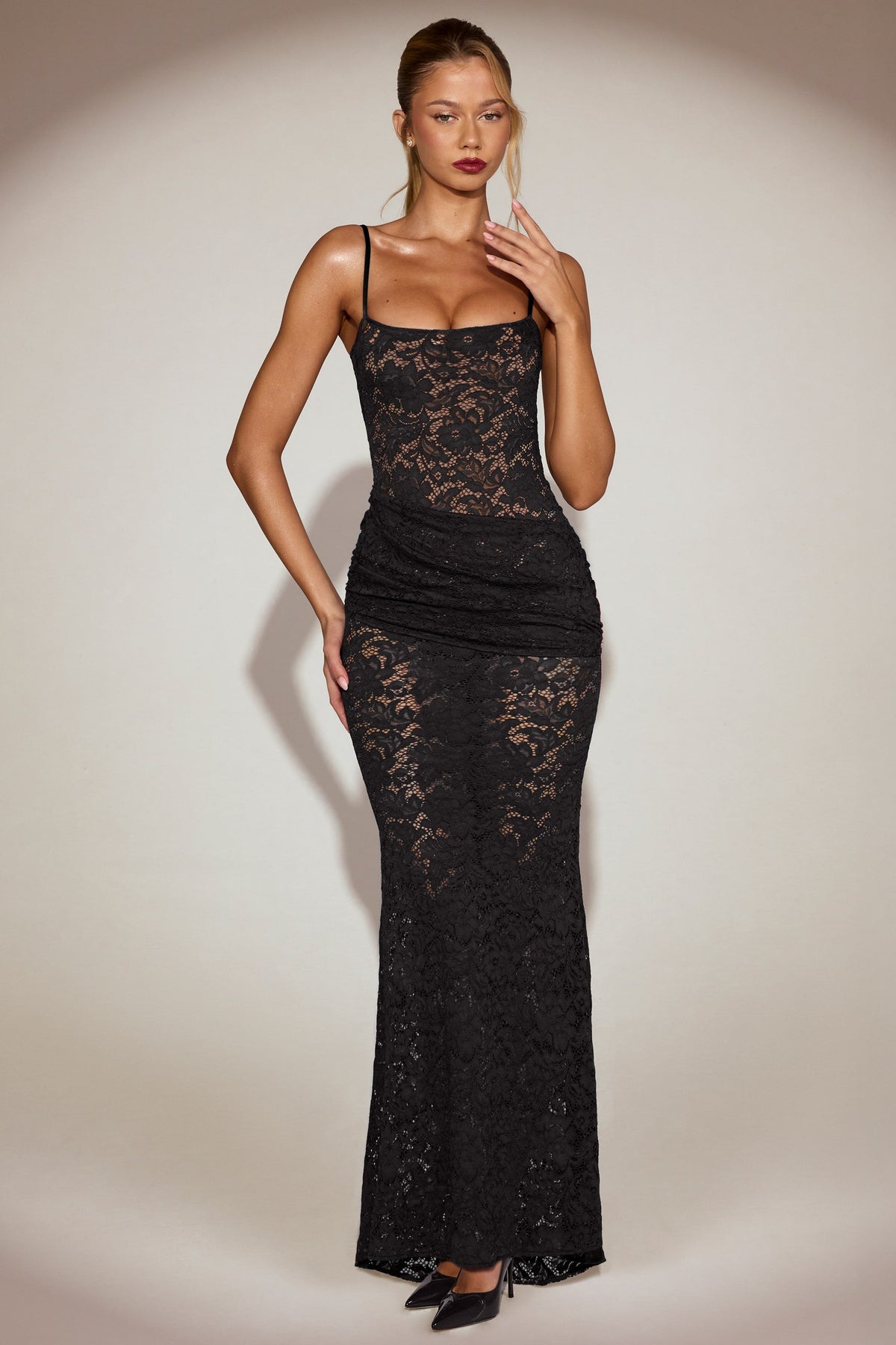 Sheer Lace Square-Neck Ruched Gown in Black