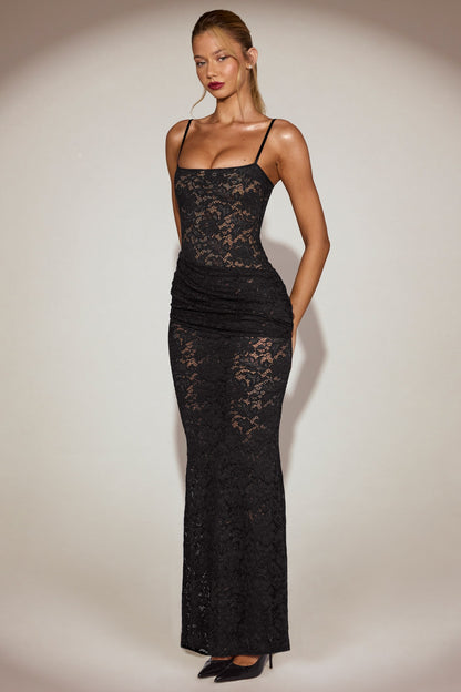 Sheer Lace Square-Neck Ruched Gown in Black