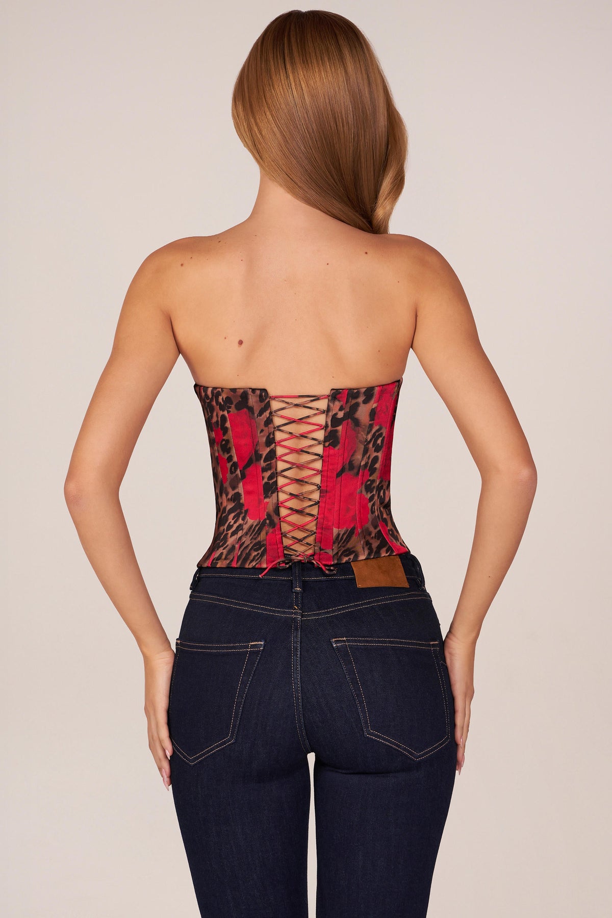 Bandeau Lace-Up Corset Top  in Rose Leopard Print