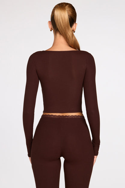 Ribbed Modal Long-Sleeve Laced Bra Top in Chocolate Brown