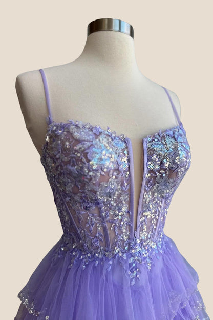 Straps Purple A-line Short Beaded Ruffle Princess Dress