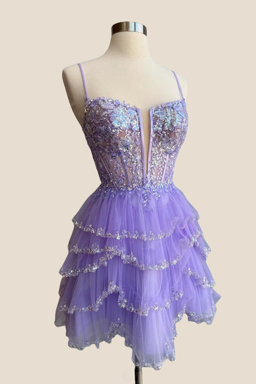 Straps Purple A-line Short Beaded Ruffle Princess Dress
