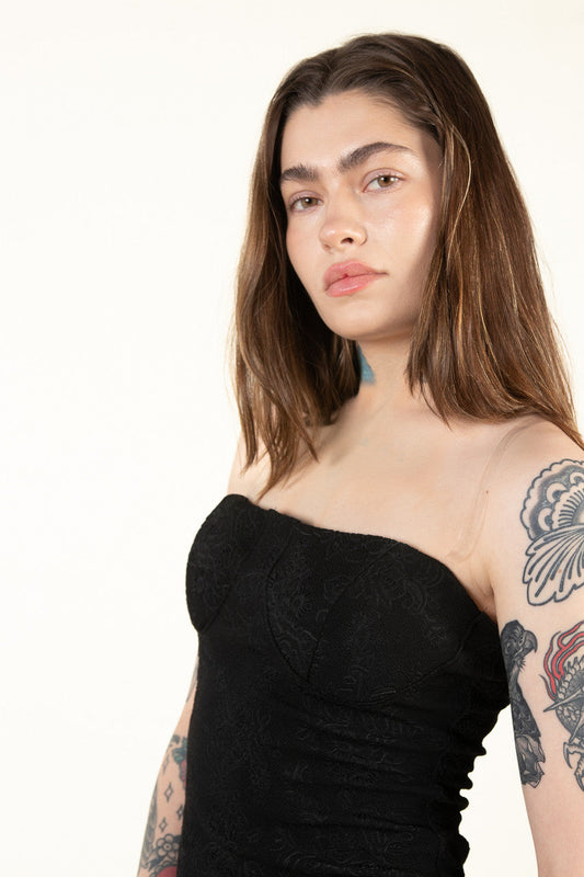 Black Jacquard Bustier Clear Straps Mini Dress
