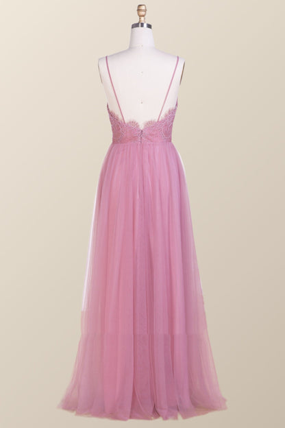 Straps Blush Pink Pleated Tulle Long Bridesmaid Dress