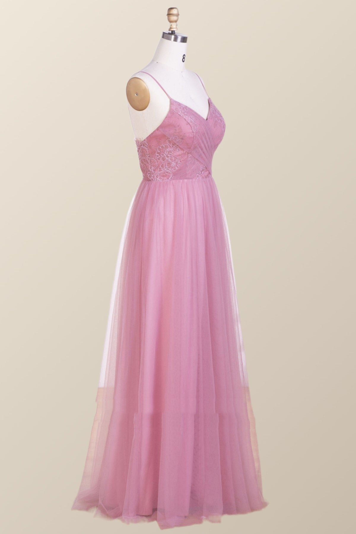 Straps Blush Pink Pleated Tulle Long Bridesmaid Dress