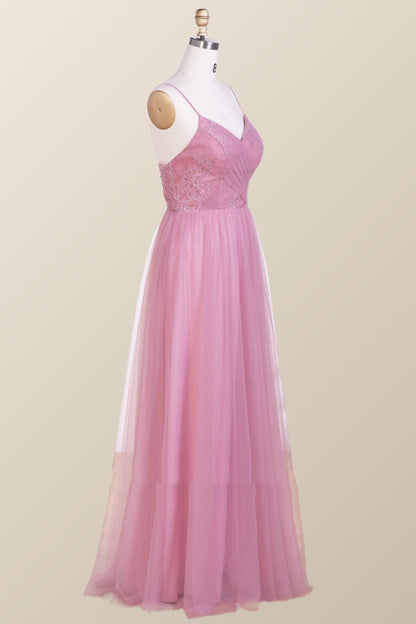 Straps Blush Pink Pleated Tulle Long Bridesmaid Dress