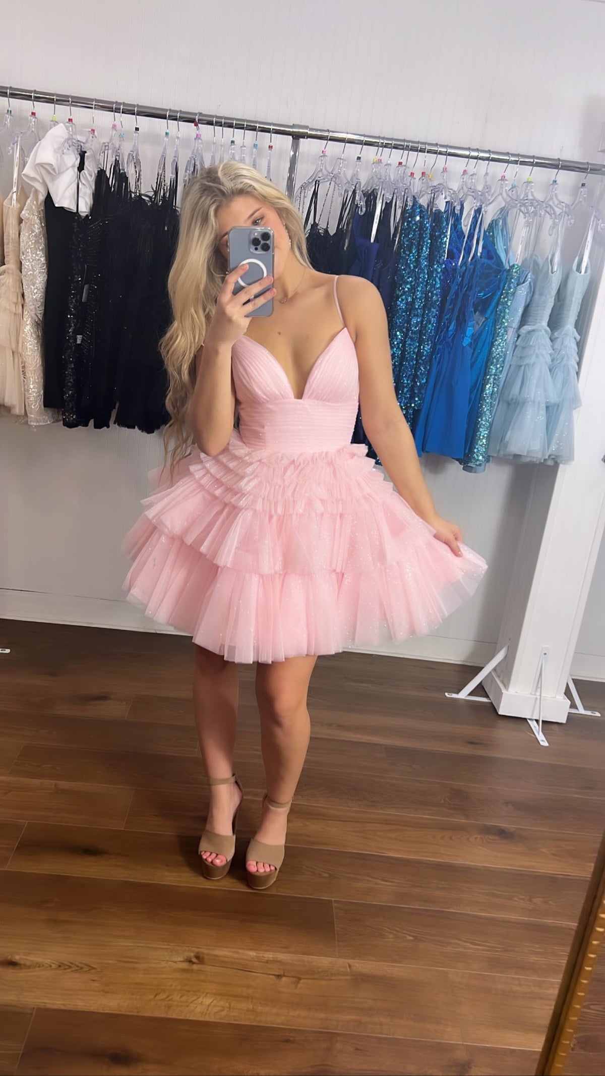 Straps Blue Tiered Ruffle Short A-line Homecoming Dress