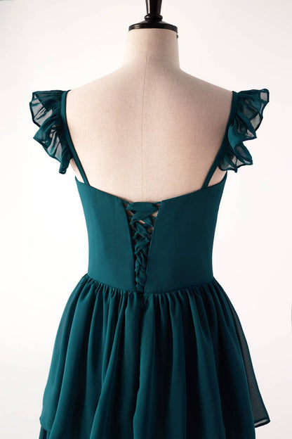 Straps Dark Blue Ruffle Long Bridesmaid Dress