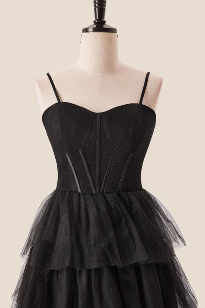 Straps Black Tiered Ruffles Long Maxi Dress