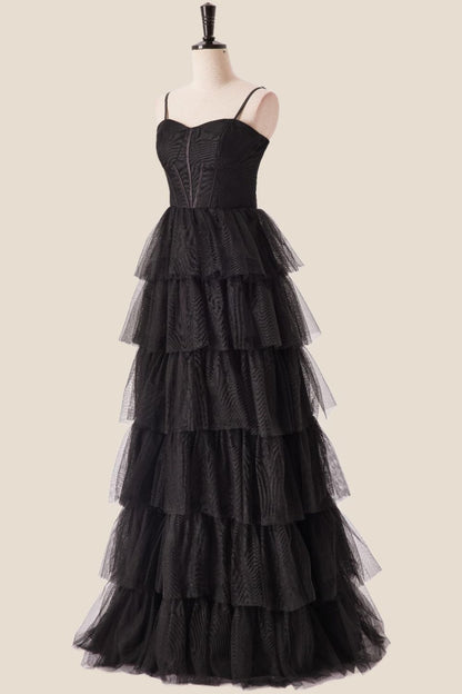 Straps Black Tiered Ruffles Long Maxi Dress