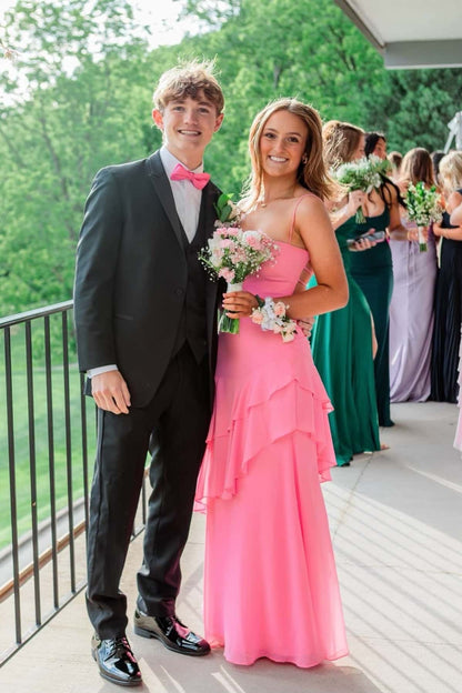 Straps Red Chiffon Tiered Maxi Dress