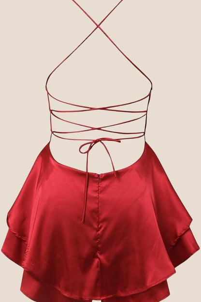 Straps Red Lace-up Back Tiered Party Dress