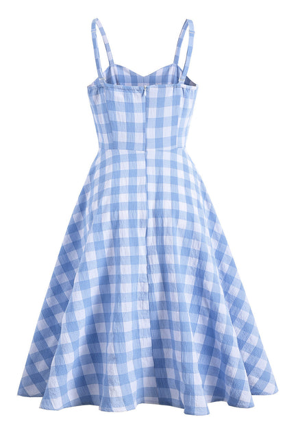 Straps Blue Plaid Swing Dress Holiday Dress