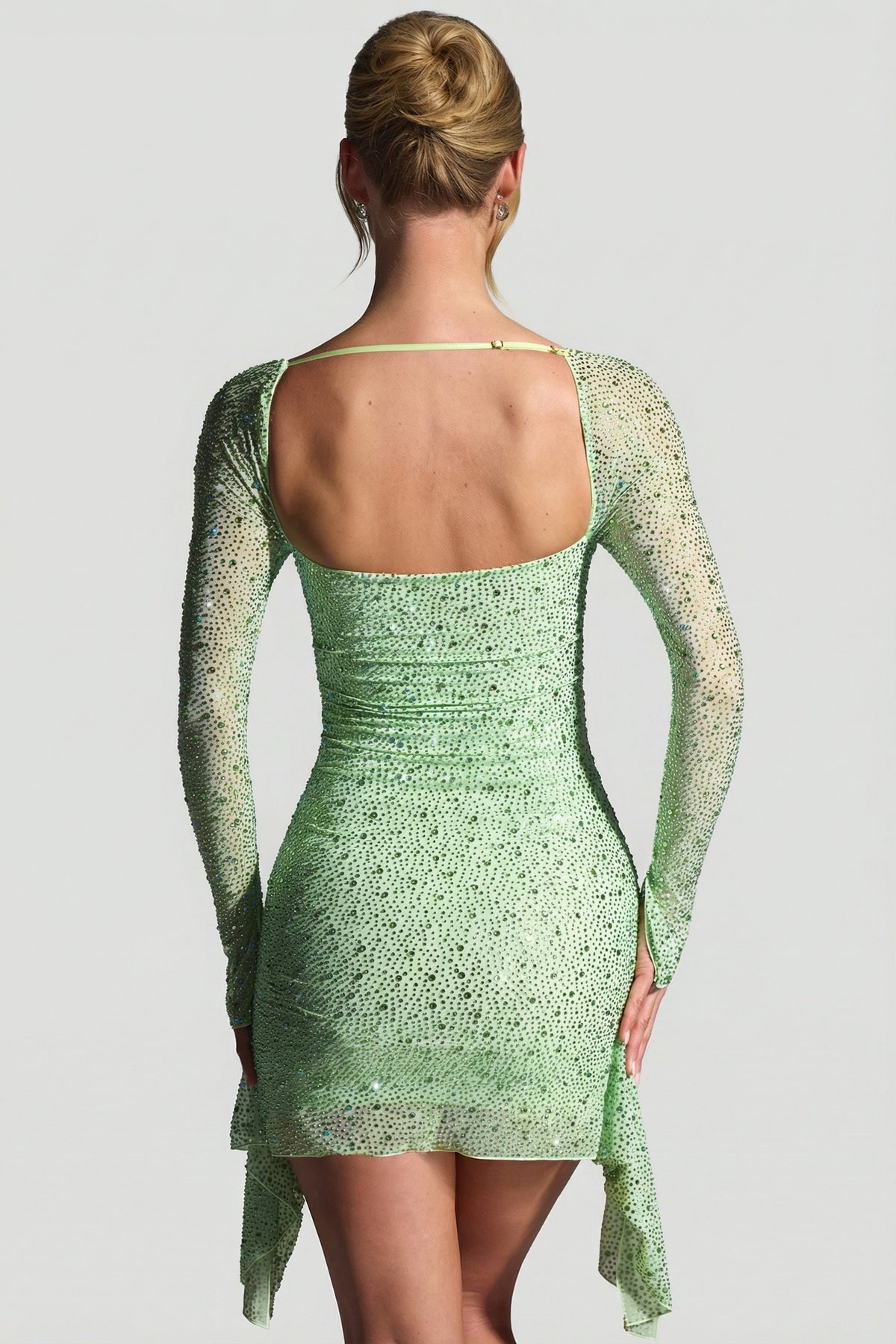 Embellished Draped Cowl-Neck Mini Dress in Pistachio