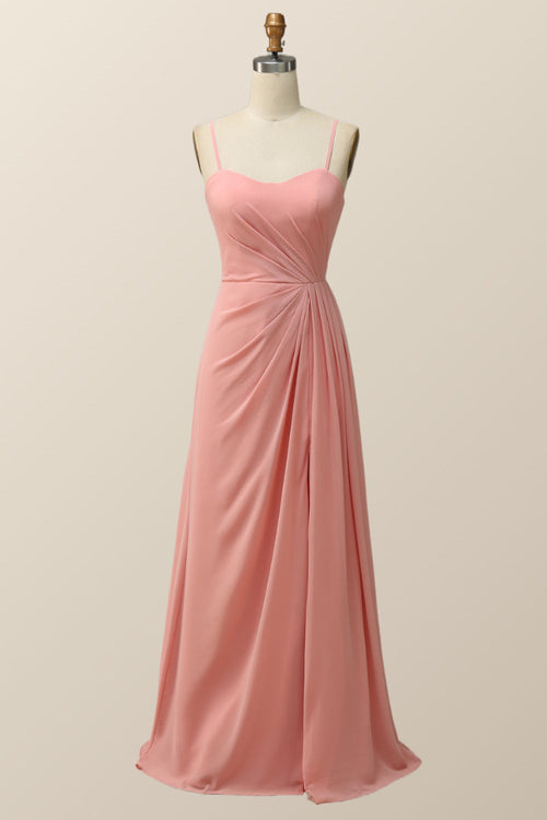 Spaghetti Straps Blush Pink Chiffon A-line Long Bridesmaid Dress