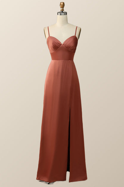 Straps Terracotta A-line Empire Long Bridesmaid Dress