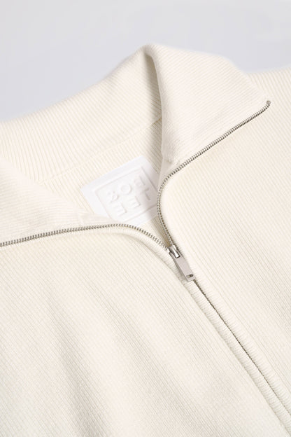 Ribbed Knit Zip-Up Cropped Sweatshirt in Ivory