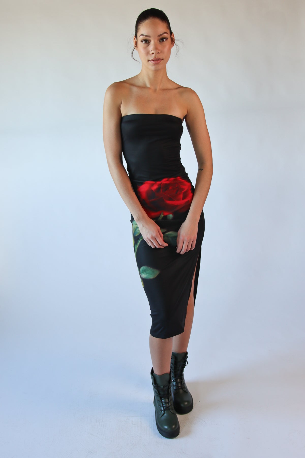 Rose Graphic Mesh Midi Tube Dress