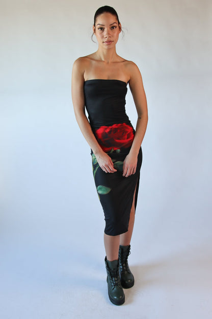 Rose Graphic Mesh Midi Tube Dress