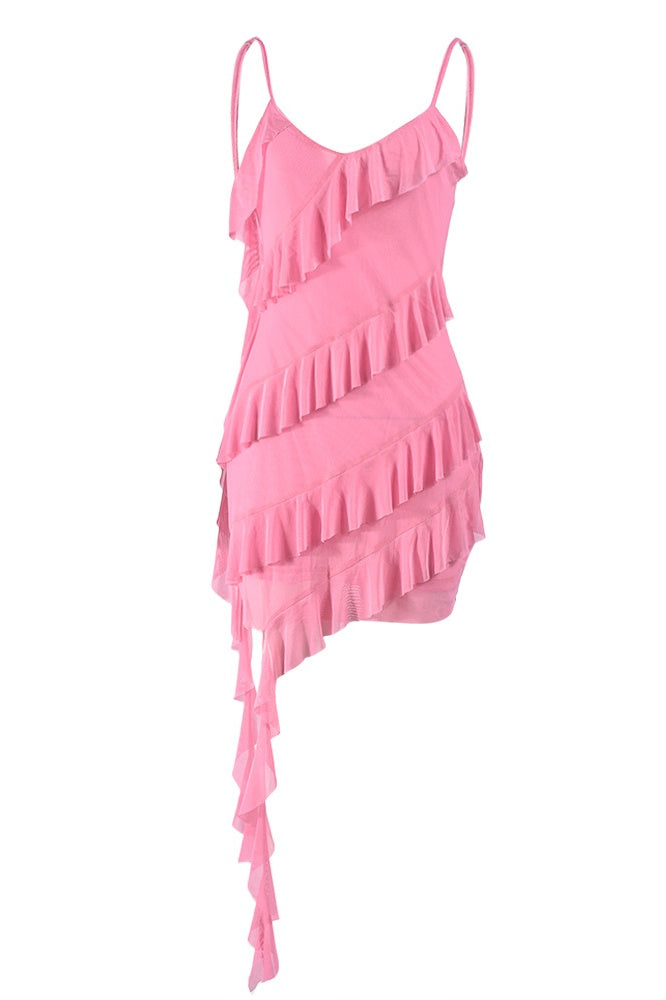 Pink Straps Ruffle Tight Short Dress