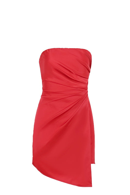 Red Ruched Asymmetric Short Dress