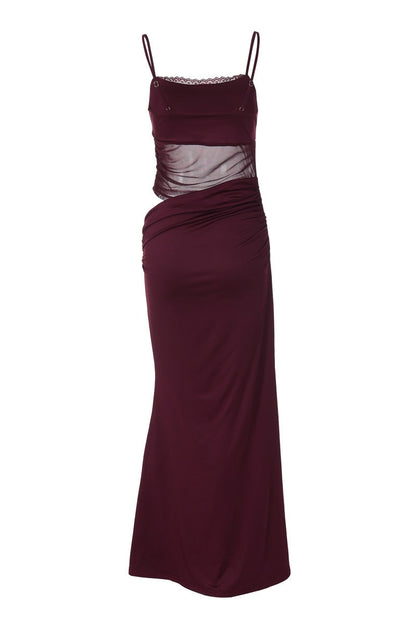 Straps Burgundy Sheer Mermaid Long Dress